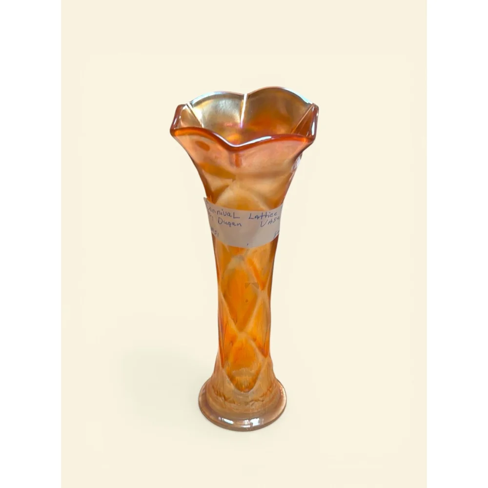 Antique Dugan Marigold Carnival Glass Lattice & Points Vase 9” Tall Ruffled Rim
